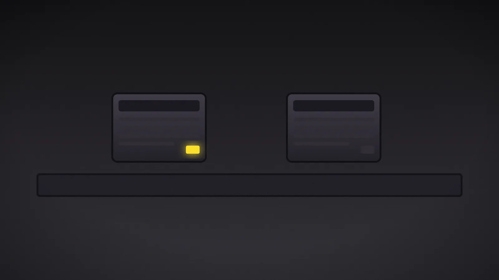 Two identical storage drive caddies resting on a cold workbench, one bearing a single lit amber activity LED, the other dark.