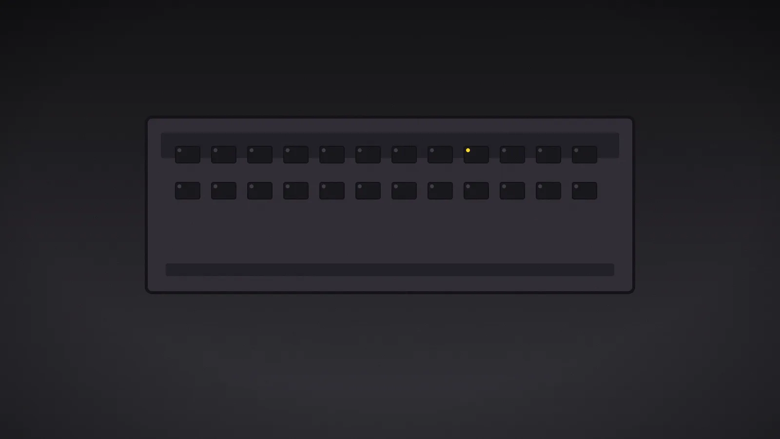 A tall network switch mounted in a dark rack, a single amber port LED glowing among rows of unlit ports.