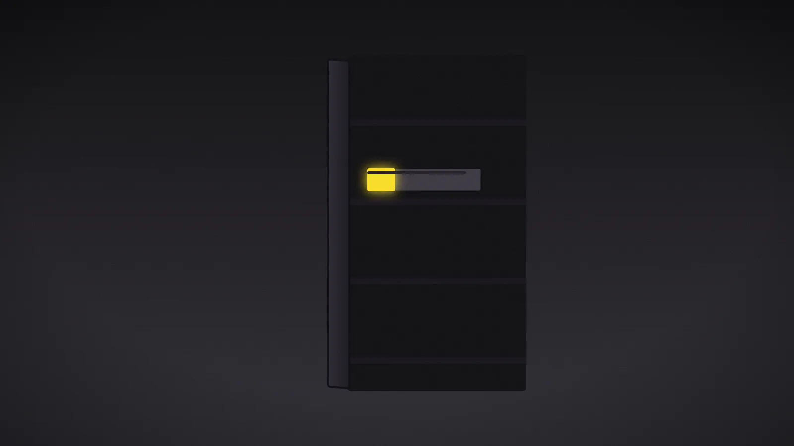 Une armoire serveur en acier avec une porte entrouverte, un dossier cartonné tiré à moitié d’un tiroir, sa languette ambrée à peine visible.
