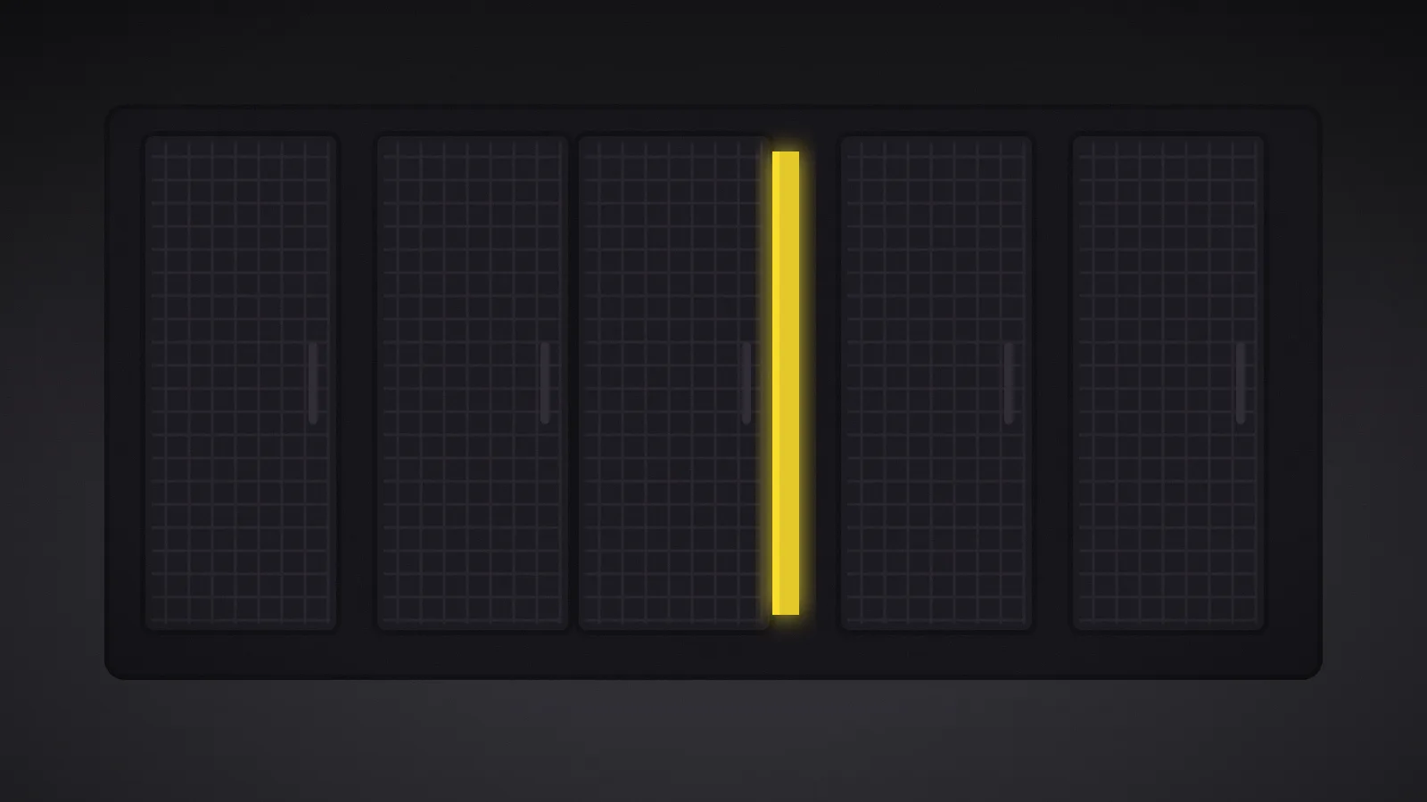 A row of identical dark server-cage doors, one door left ajar with a sliver of amber light.