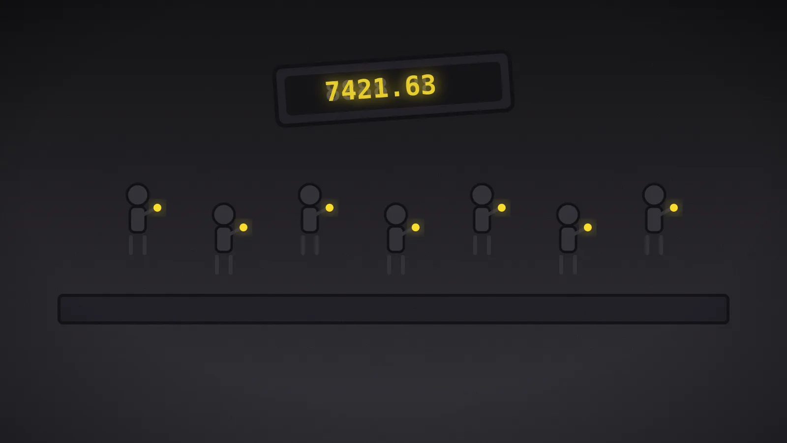 A row of small agent silhouettes advancing in parallel, each carrying an amber ember, beneath a large spinning counter.